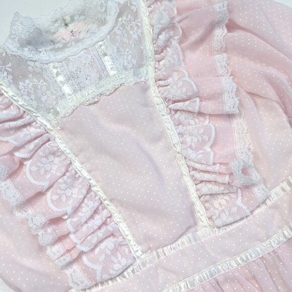 Vintage Jeunes Filles Gunne Sax Dress Girls Size 7-8 Pink Polka Dot Semi Sheer - Picture 2 of 9